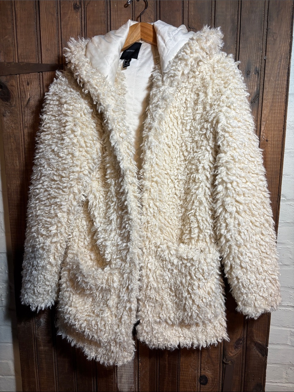 Women’s Cream Faux-Shearling Hooded Coat